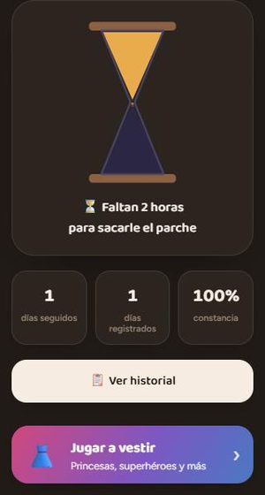 Reloj de arena mostrando cuánto falta para completar el parche del día