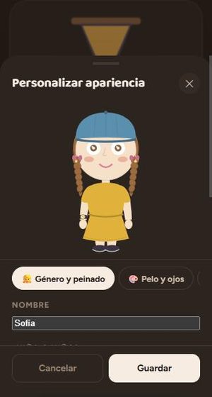Pantalla de personalización del avatar, eligiendo cuerpo y peinado