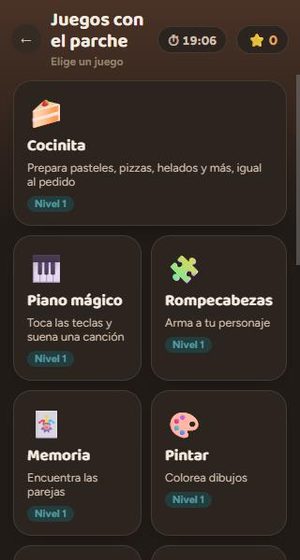 Menú de Juegos con el parche: Cocinita, Piano mágico, Rompecabezas, Memoria y Pintar